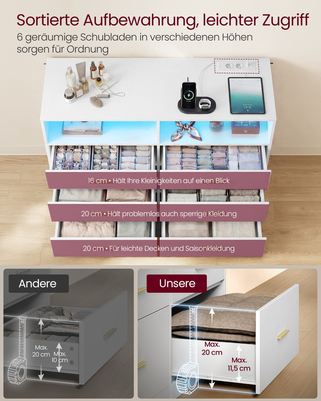 CUSTOS Kollektion - Kommode, Kommodenschrank mit LED-Beleuchtung und Steckdosenleiste