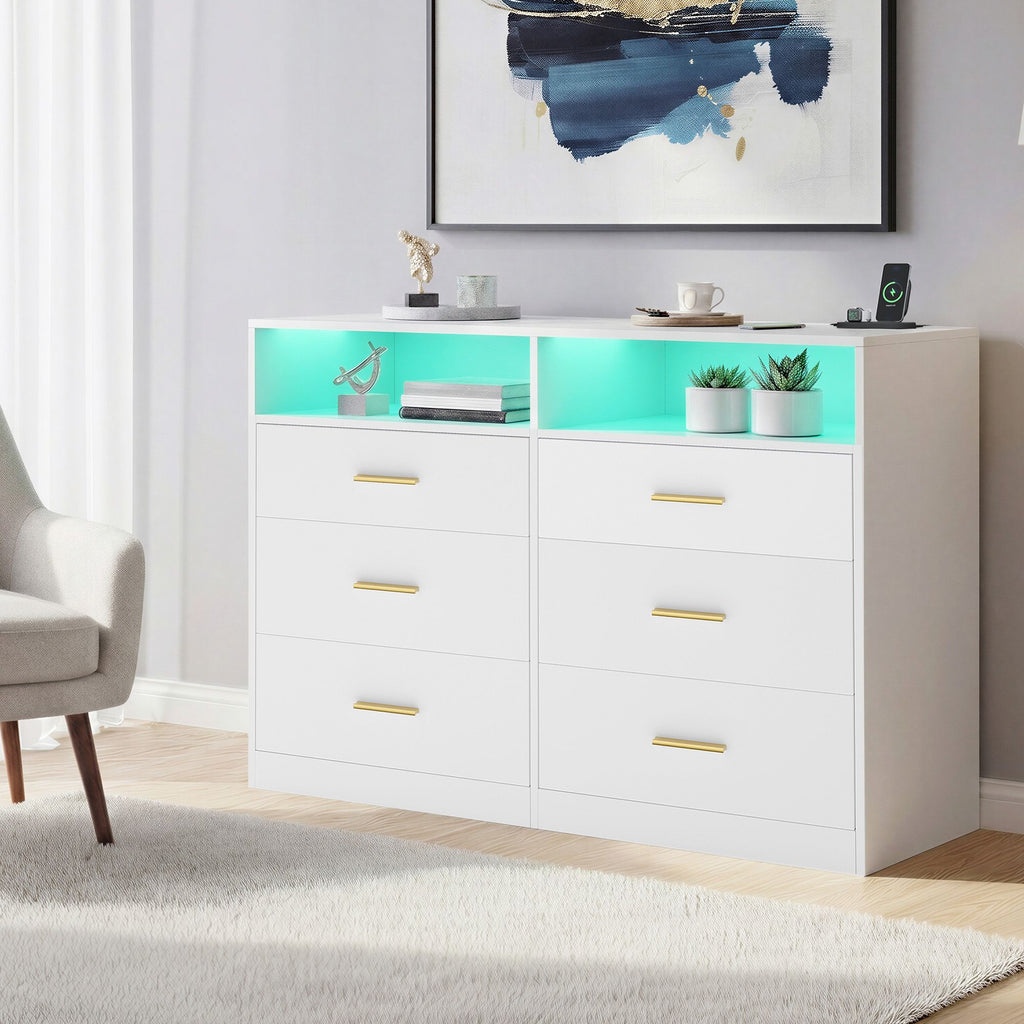 Kommode mit LED-Beleuchtung und Ladestation, 6 Schubladen, modern