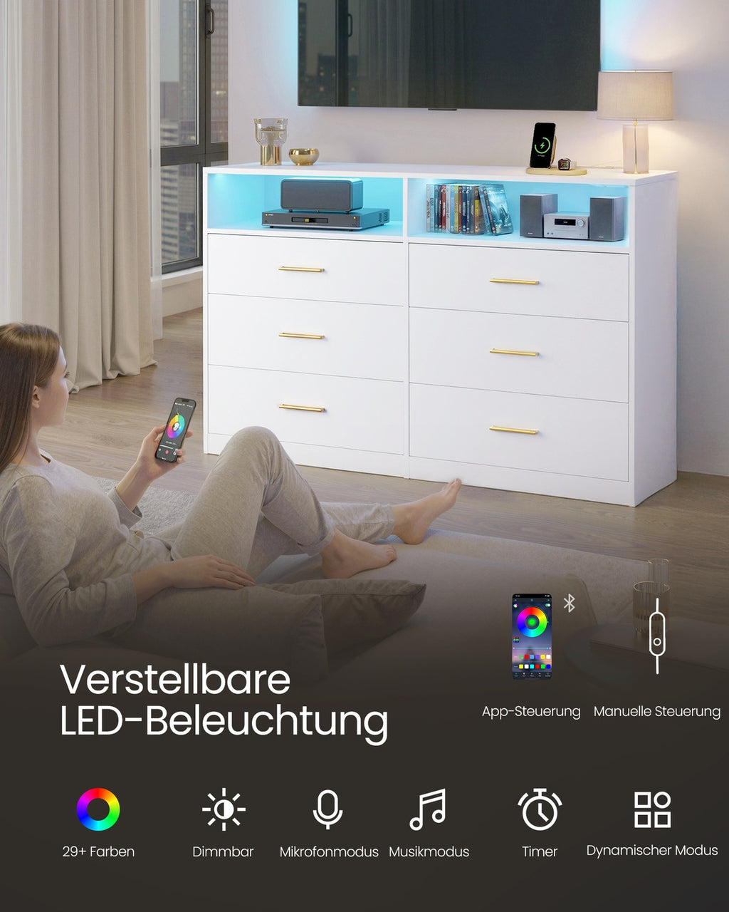 CUSTOS Kollektion - Kommode, Kommodenschrank mit LED-Beleuchtung und Steckdosenleiste