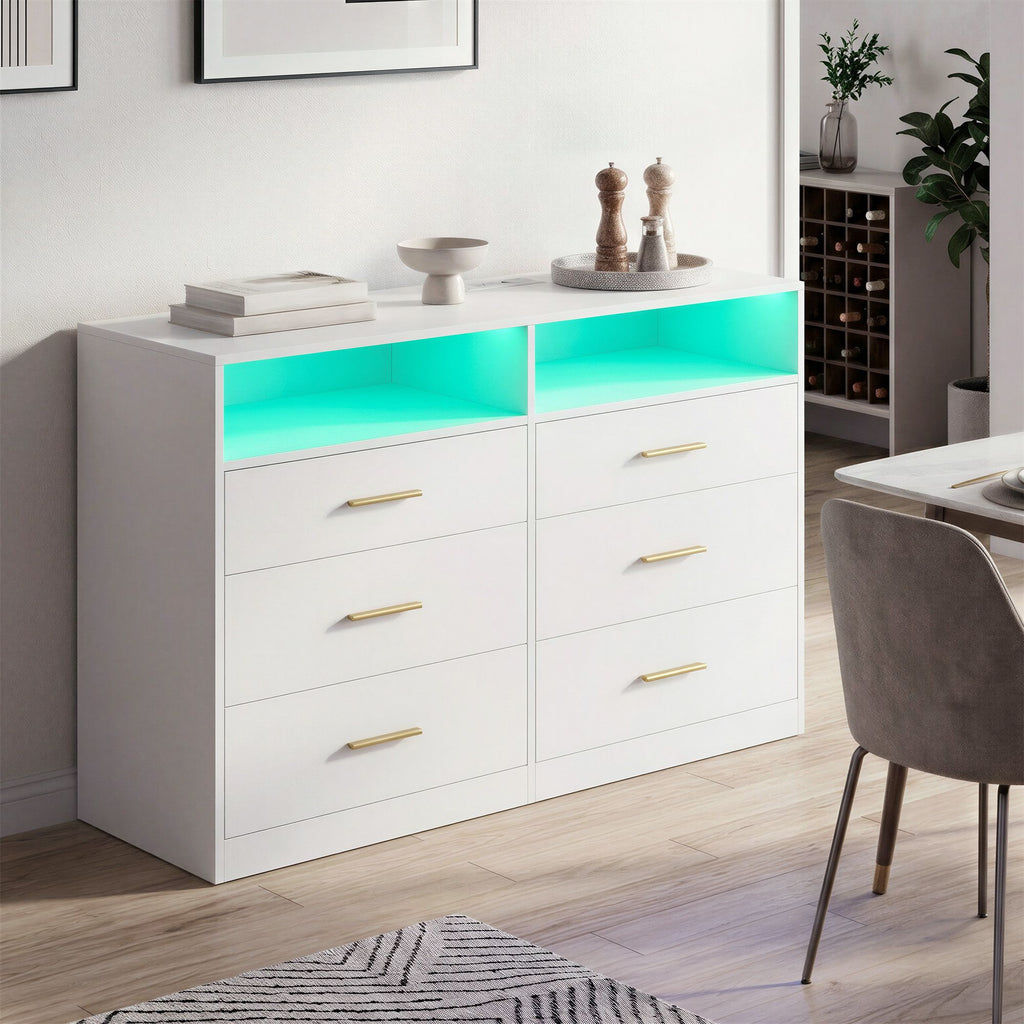 Kommode mit LED-Beleuchtung und Ladestation, 6 Schubladen, modern
