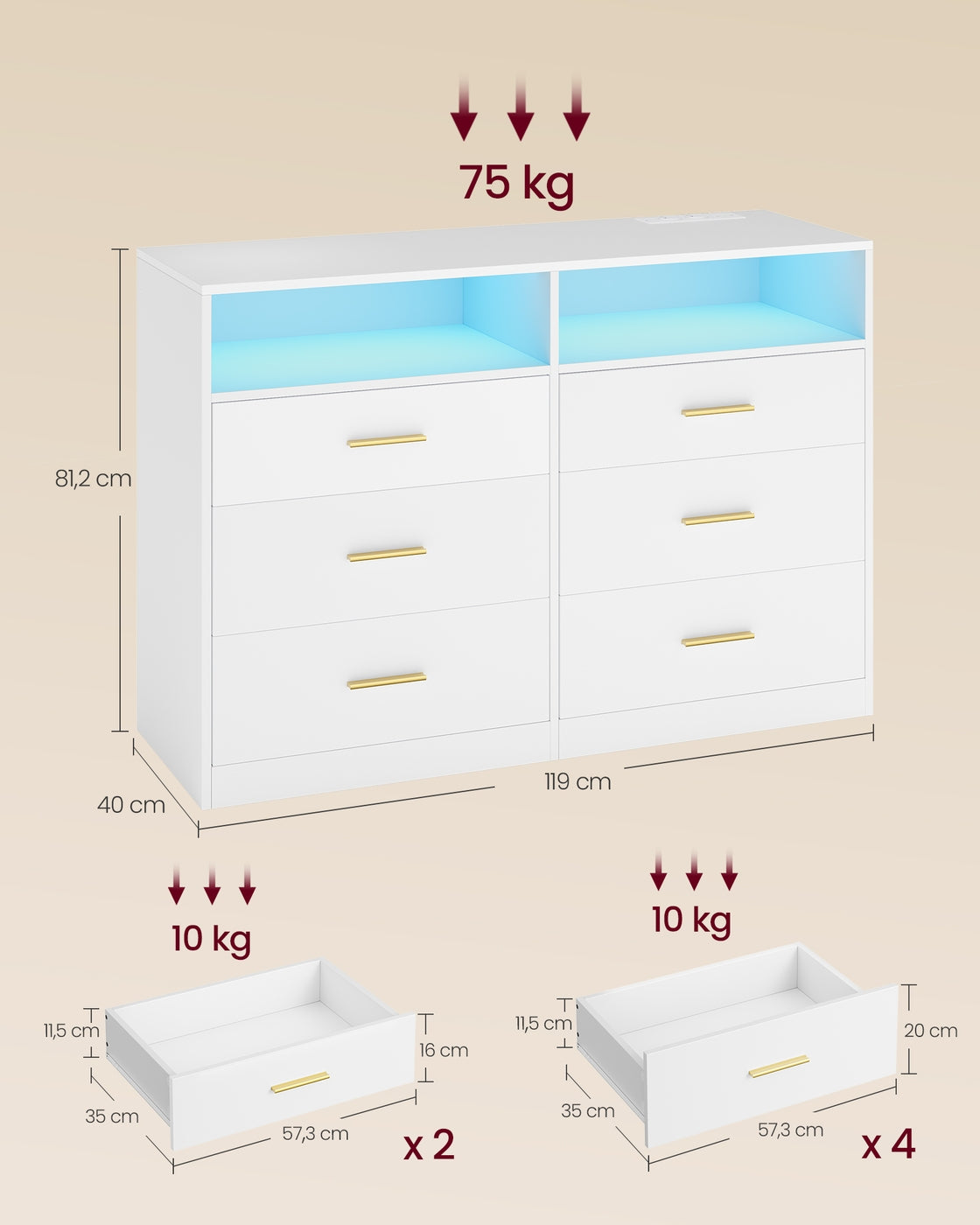 CUSTOS Kollektion - Kommode, Kommodenschrank mit LED-Beleuchtung und Steckdosenleiste