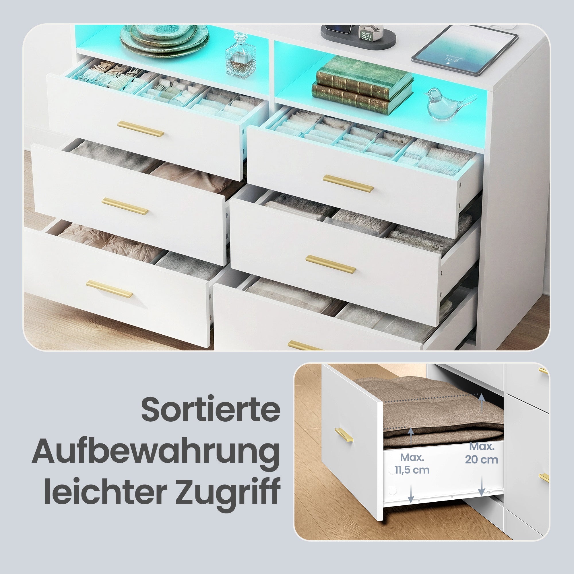 Kommode mit LED-Beleuchtung und Ladestation, 6 Schubladen, modern