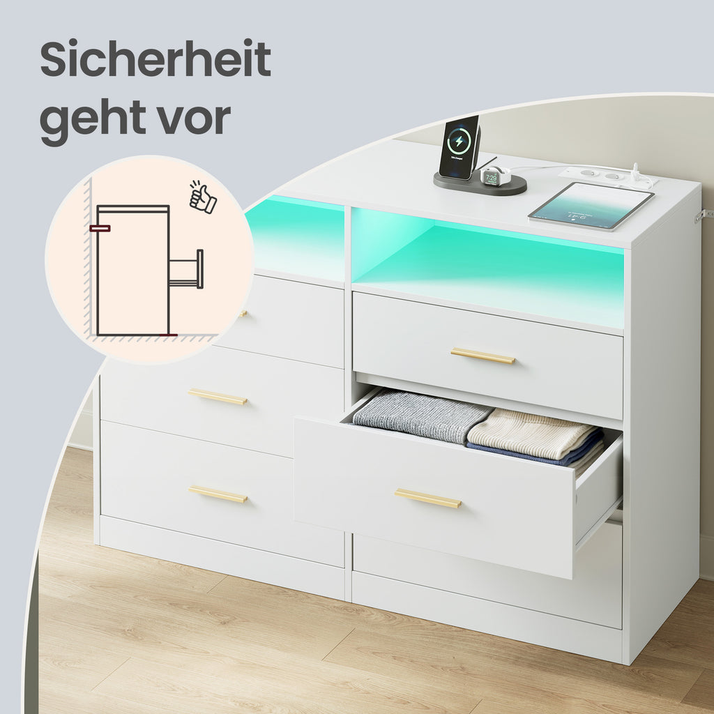 Kommode mit LED-Beleuchtung und Ladestation, 6 Schubladen, modern
