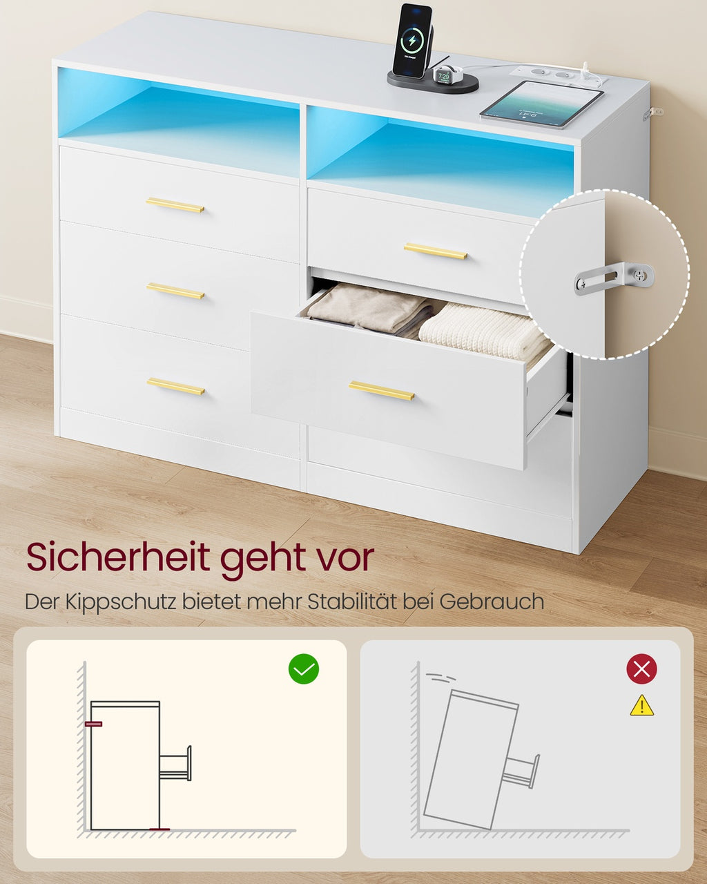 CUSTOS Kollektion - Kommode, Kommodenschrank mit LED-Beleuchtung und Steckdosenleiste