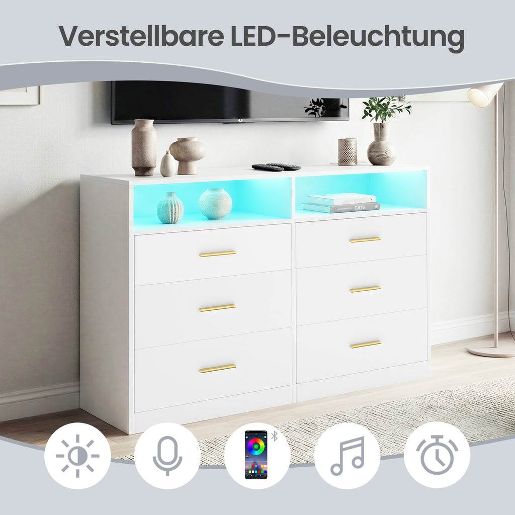 Kommode mit LED-Beleuchtung und Ladestation, 6 Schubladen, modern