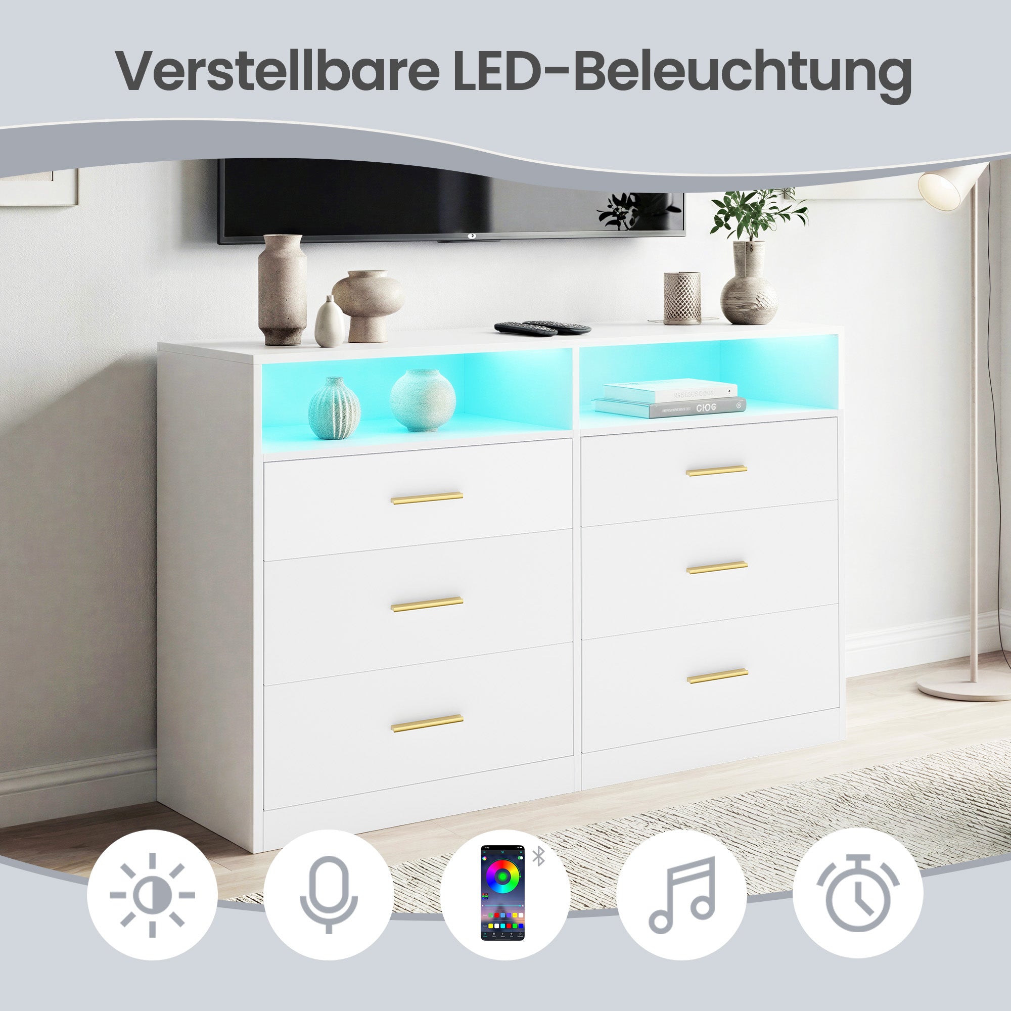 Kommode mit LED-Beleuchtung und Ladestation, 6 Schubladen, modern