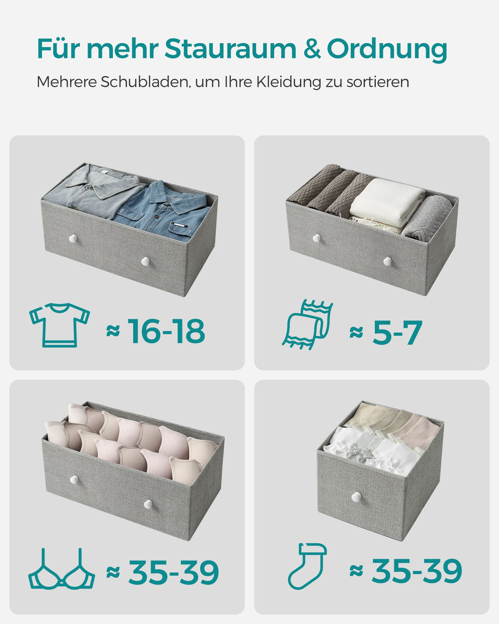 Kommode mit 5 Stoff-Schubladen und Metallrahmen hellgrau-weiß