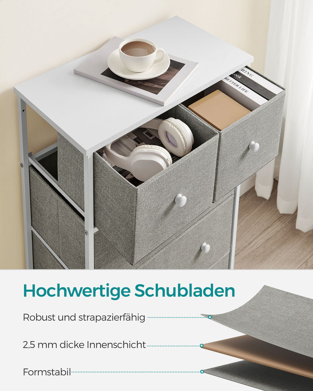 Kommode mit 5 Stoff-Schubladen und Metallrahmen hellgrau-weiß