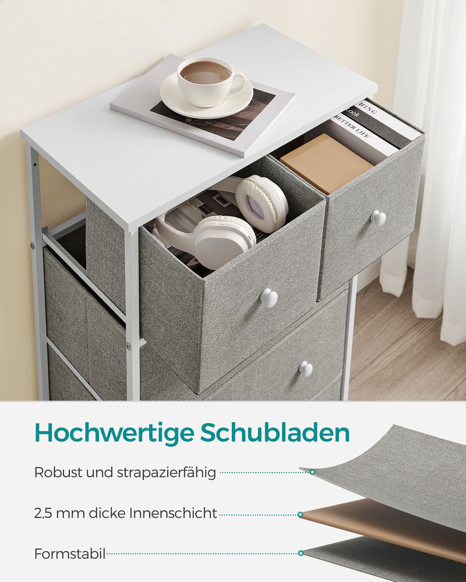 Kommode mit 5 Stoff-Schubladen und Metallrahmen hellgrau-weiß