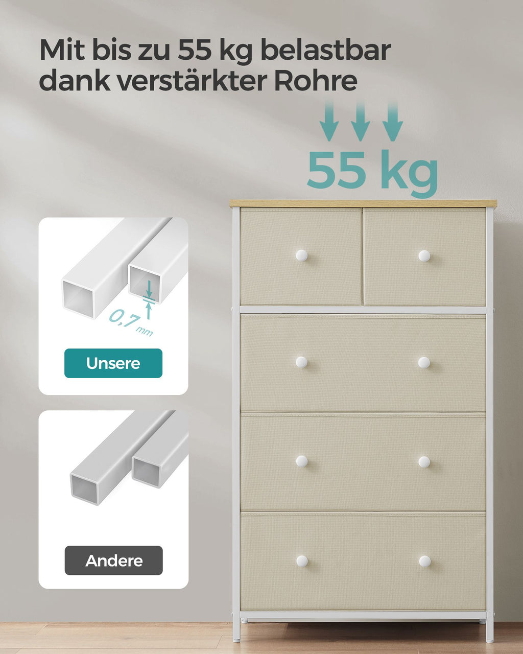Kommode mit 5 Stoff-Schubladen und Metallrahmen kamelgelb-cremeweiß
