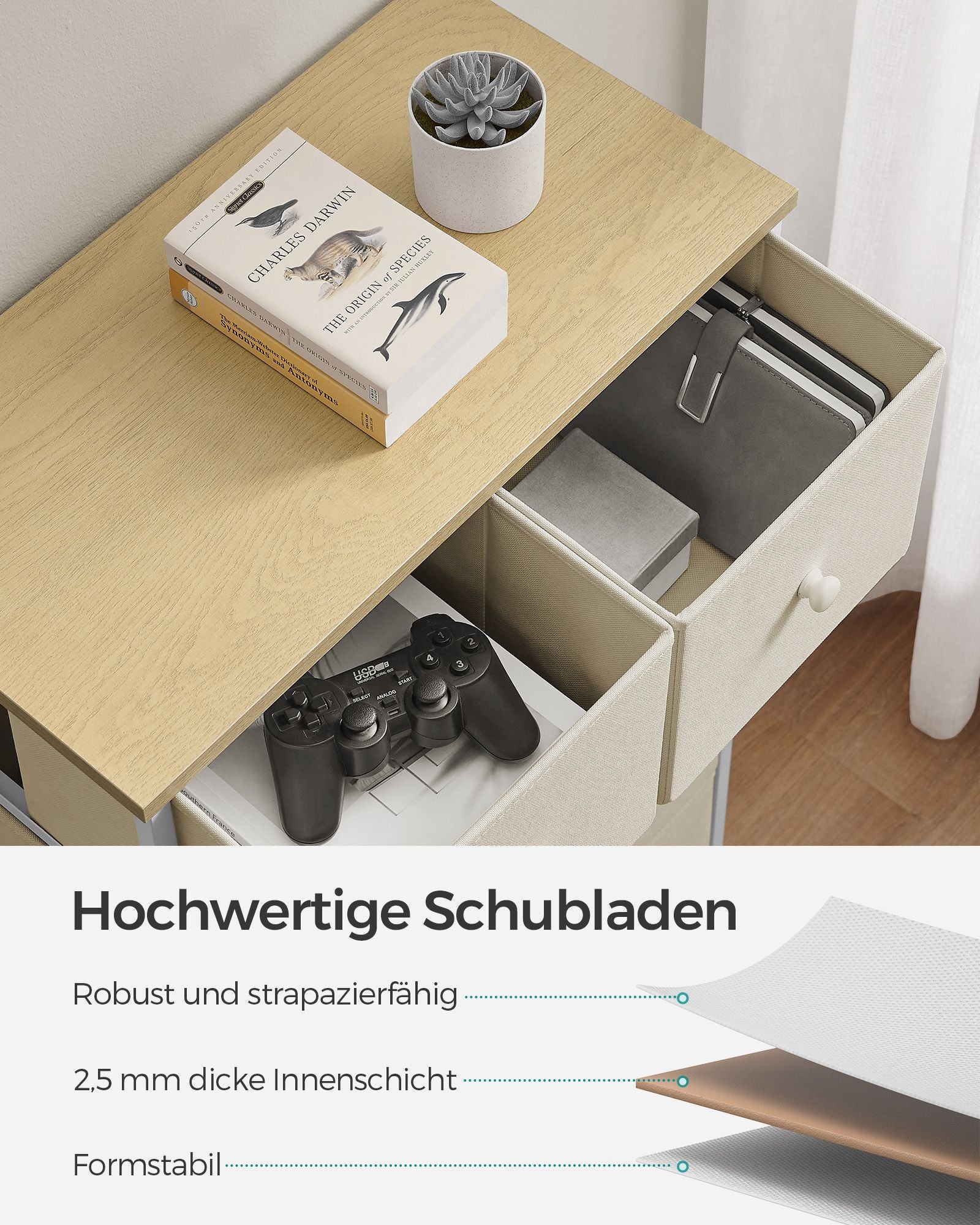 Kommode mit 5 Stoff-Schubladen und Metallrahmen kamelgelb-cremeweiß