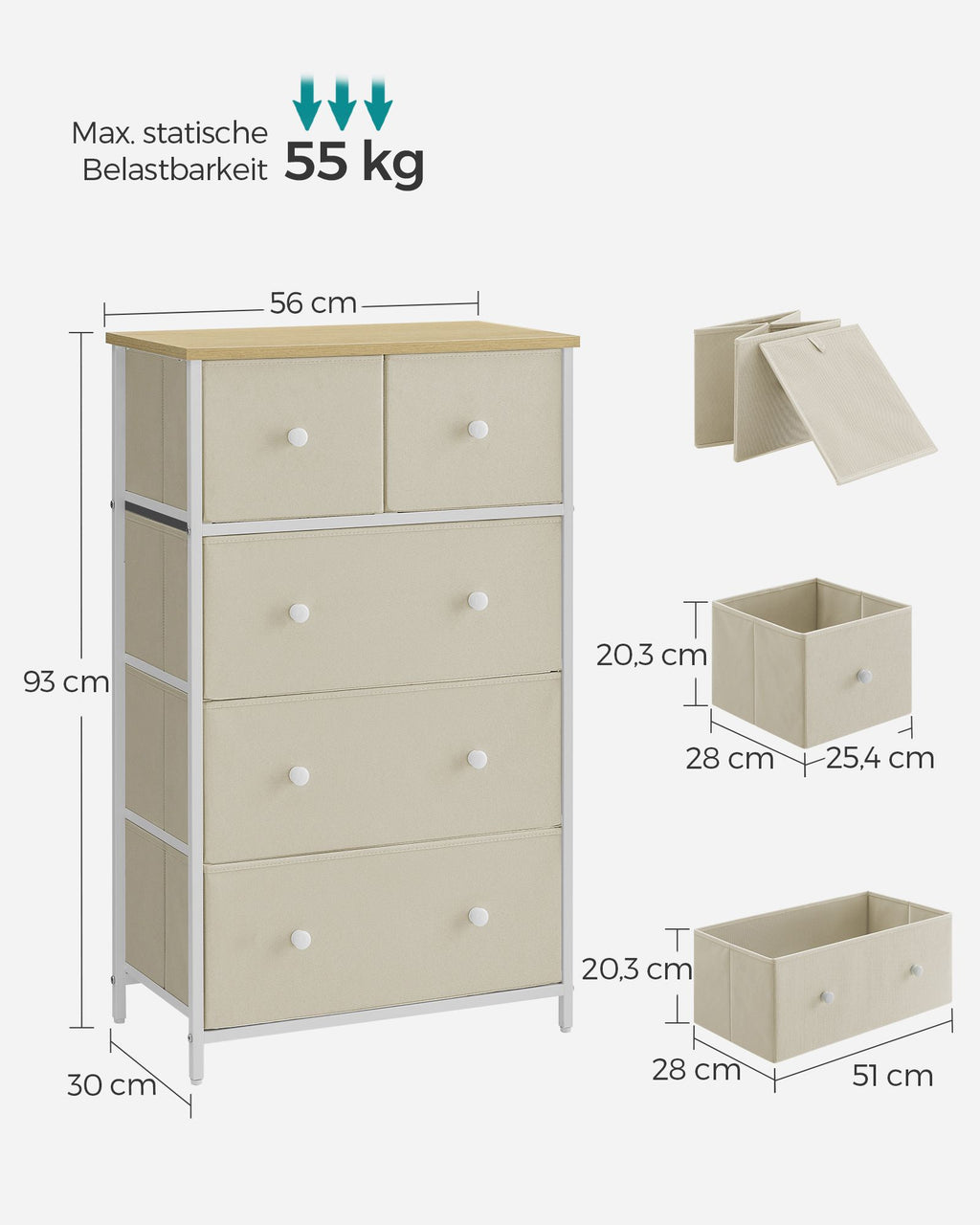 Kommode mit 5 Stoff-Schubladen und Metallrahmen kamelgelb-cremeweiß
