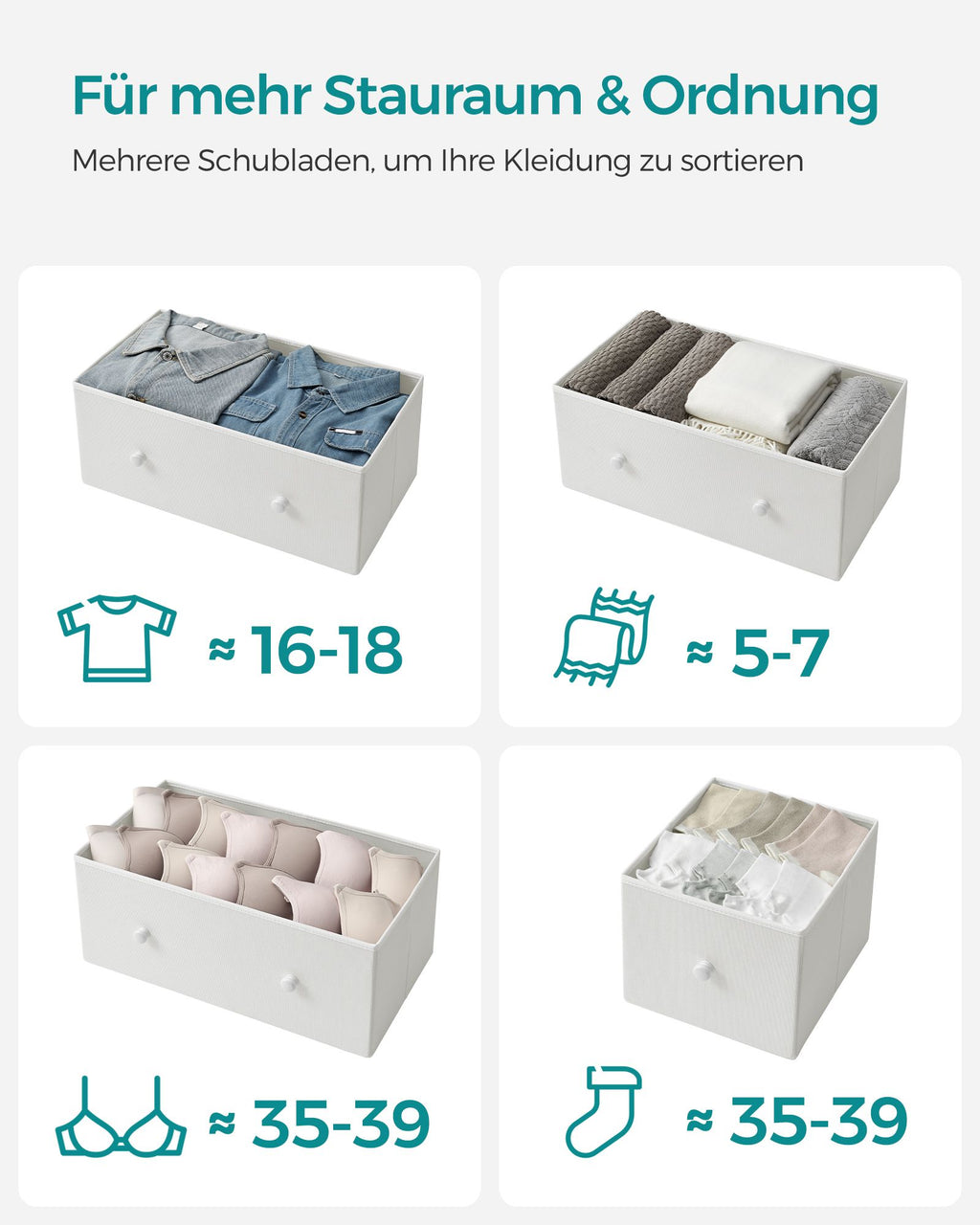 Kommode mit 5 Stoff-Schubladen und Metallrahmen weiß-eichenfarben