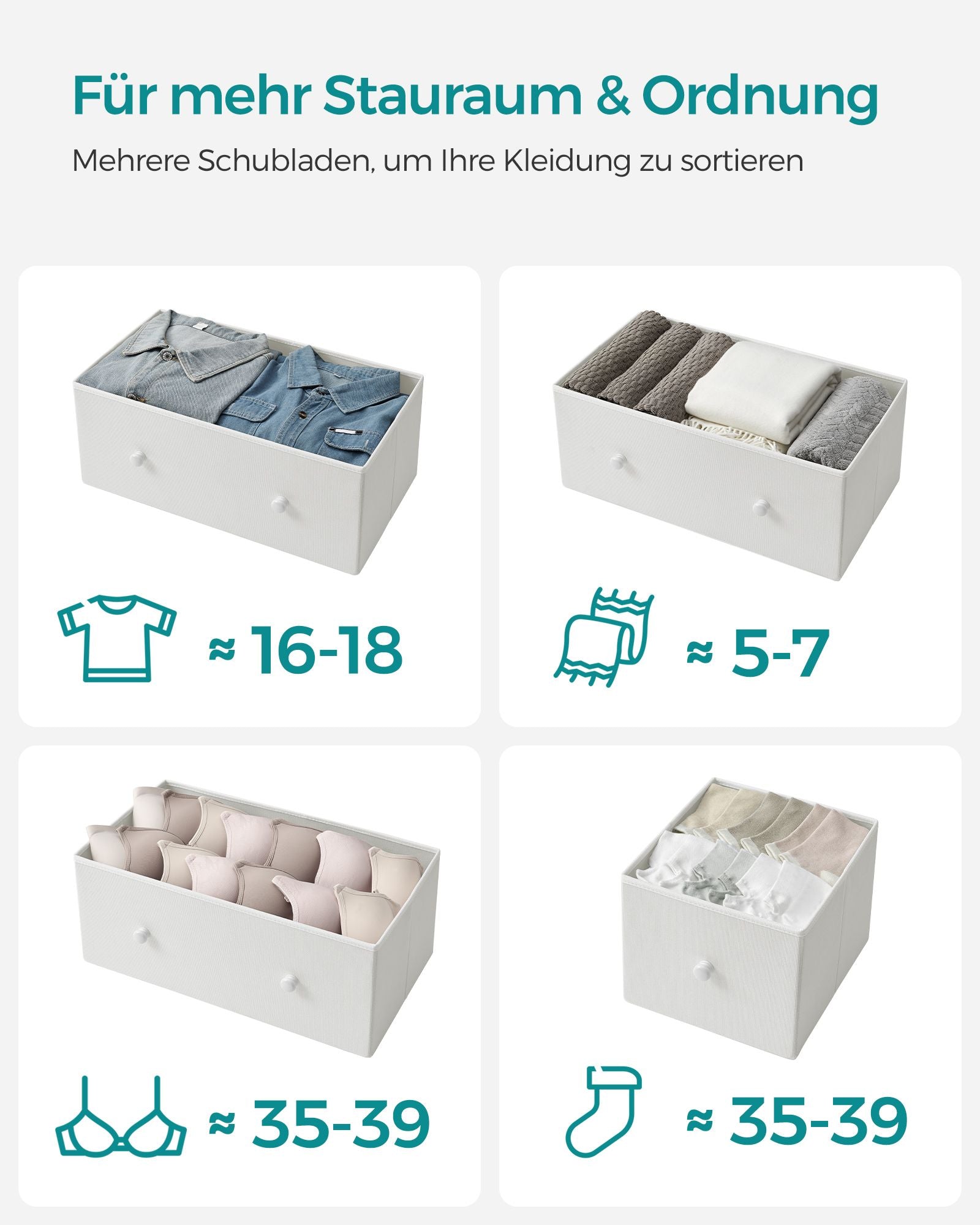 Kommode mit 5 Stoff-Schubladen und Metallrahmen weiß-eichenfarben