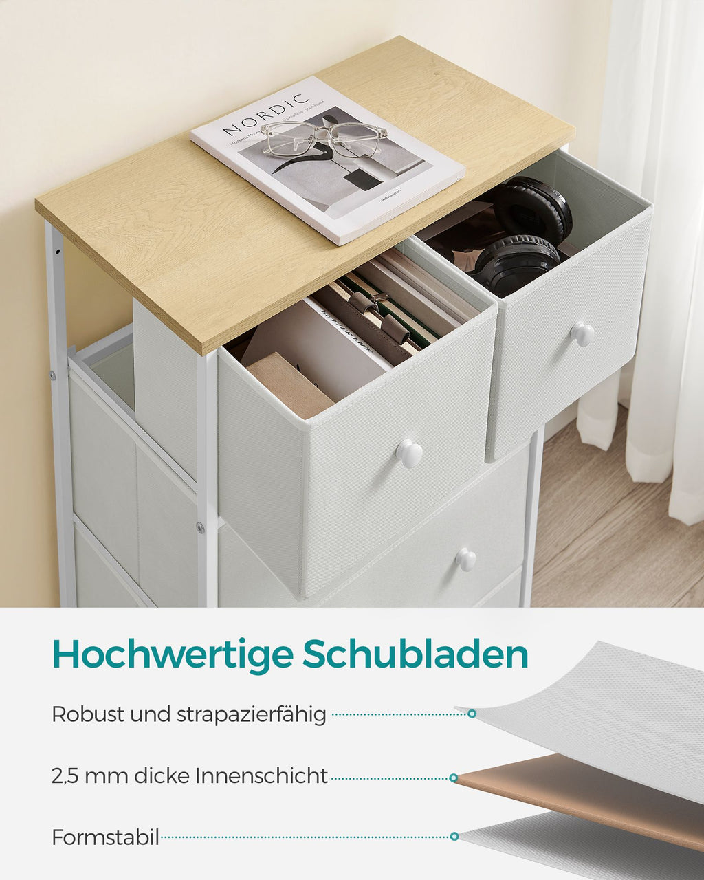 Kommode mit 5 Stoff-Schubladen und Metallrahmen weiß-eichenfarben