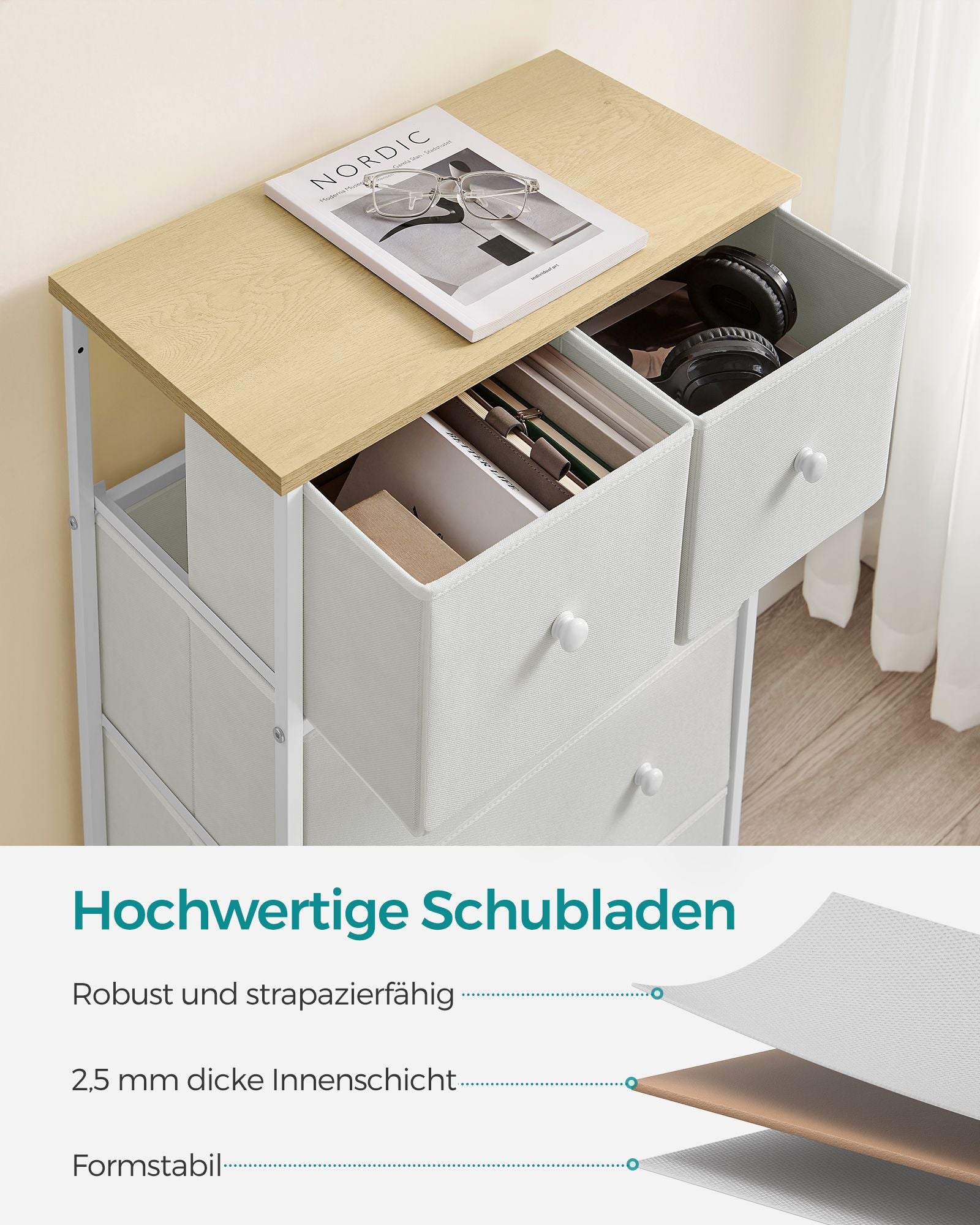 Kommode mit 5 Stoff-Schubladen und Metallrahmen weiß-eichenfarben
