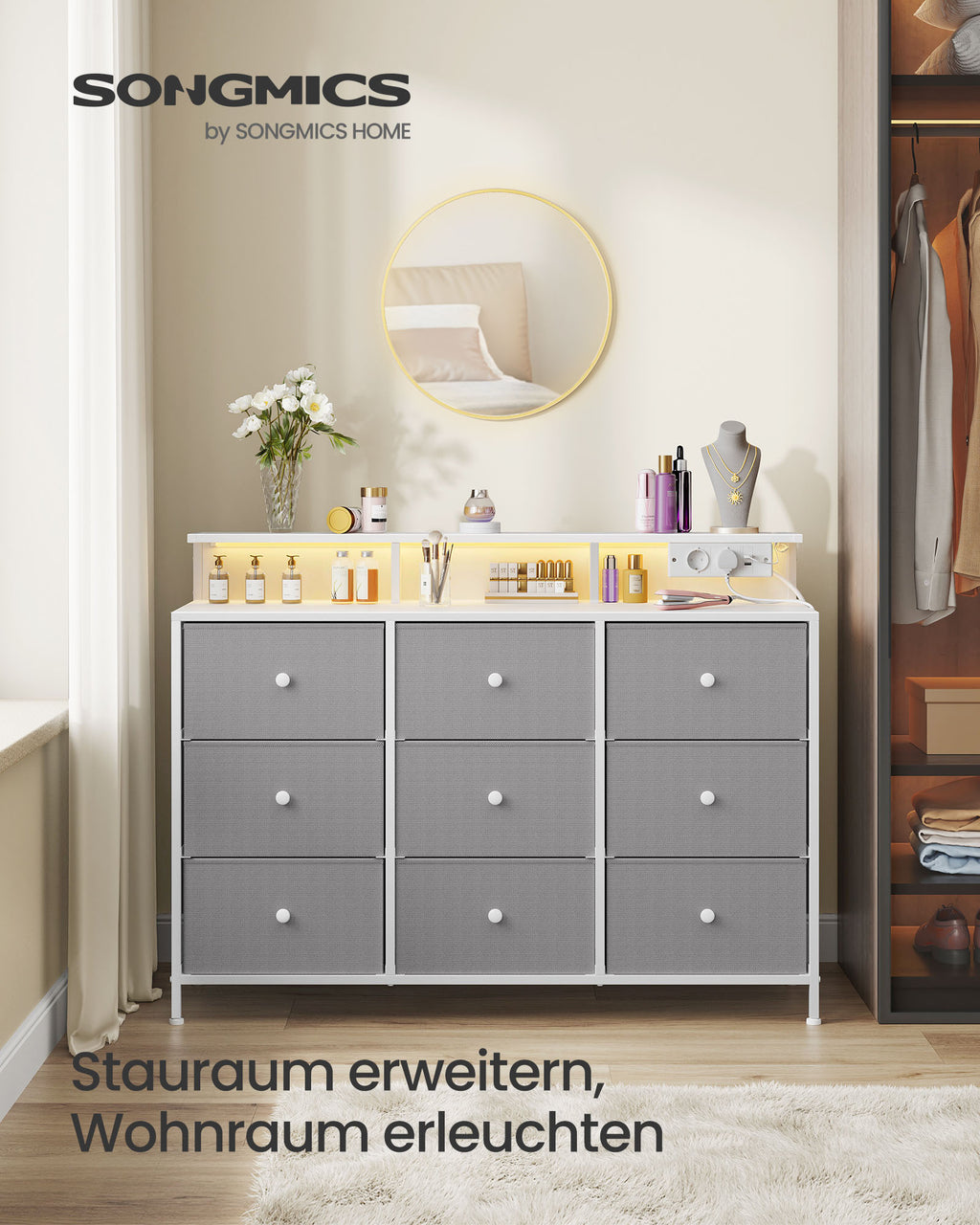 Kommode mit 9 Schubladen und LED-Beleuchtung taubengrau