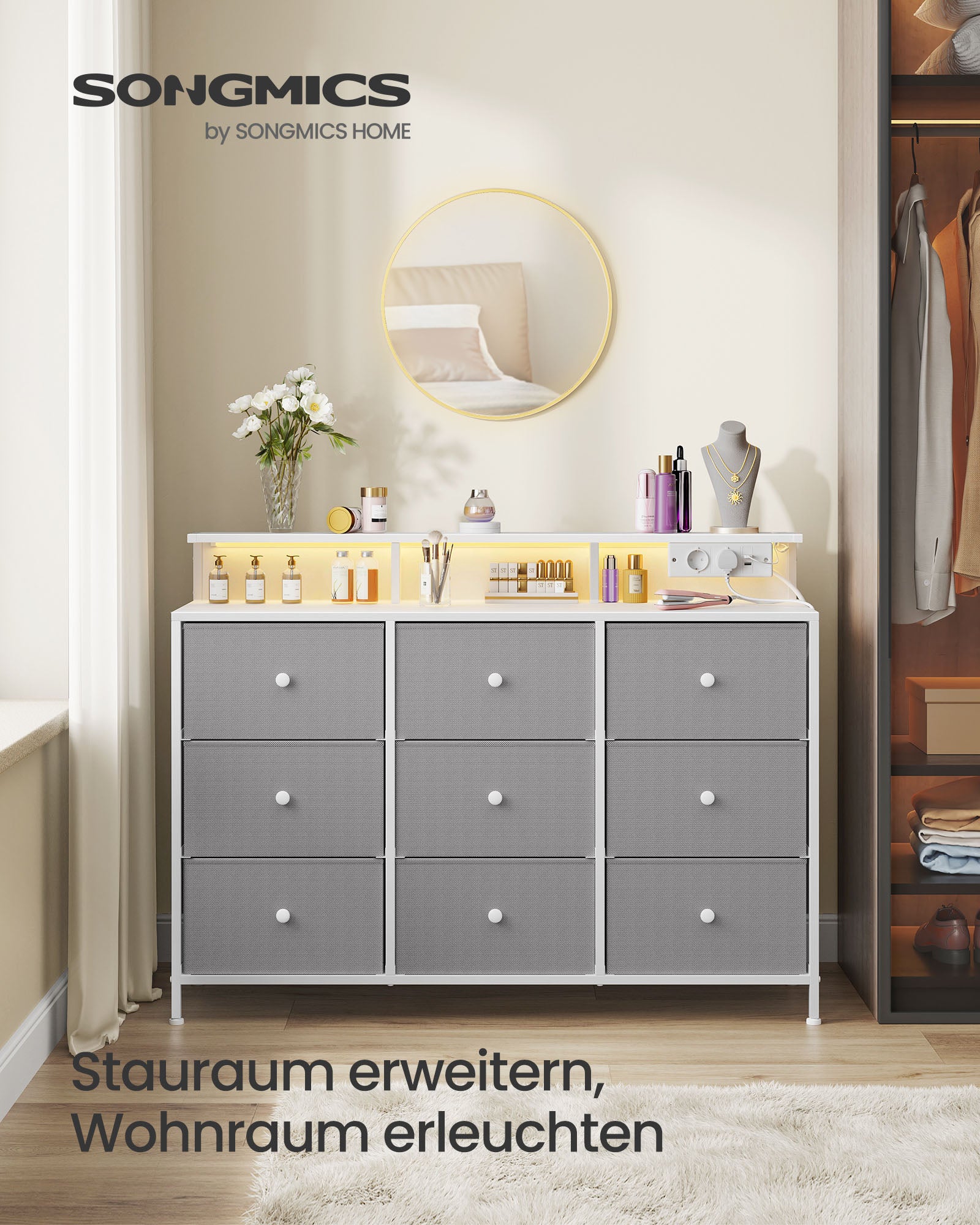 Kommode mit 9 Schubladen und LED-Beleuchtung taubengrau