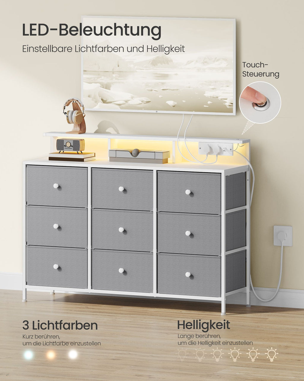 Kommode mit 9 Schubladen und LED-Beleuchtung taubengrau