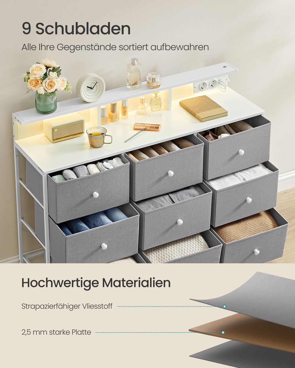 Kommode mit 9 Schubladen und LED-Beleuchtung taubengrau