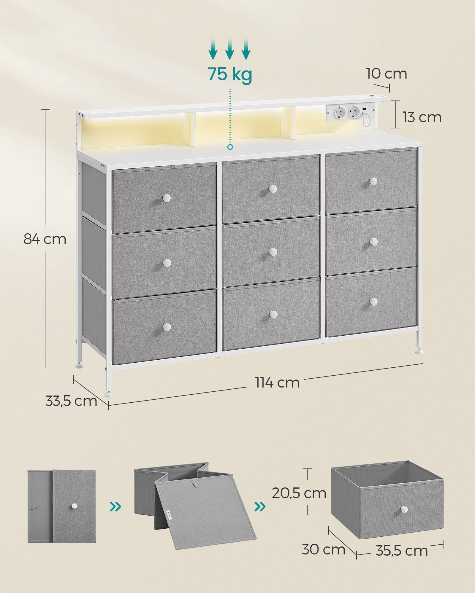Kommode mit 9 Schubladen und LED-Beleuchtung taubengrau