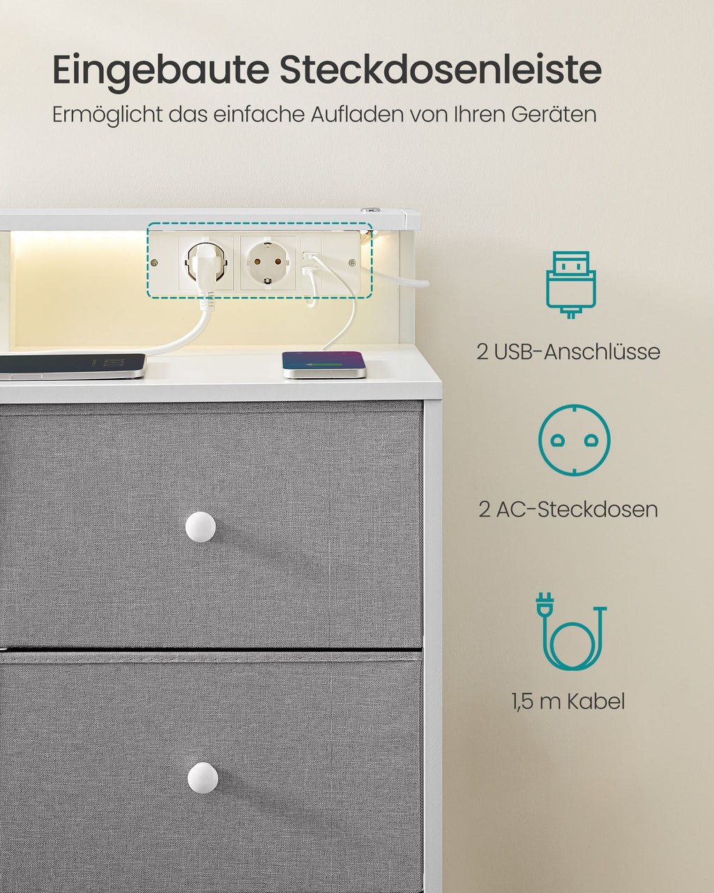 Kommode mit 9 Schubladen und LED-Beleuchtung taubengrau
