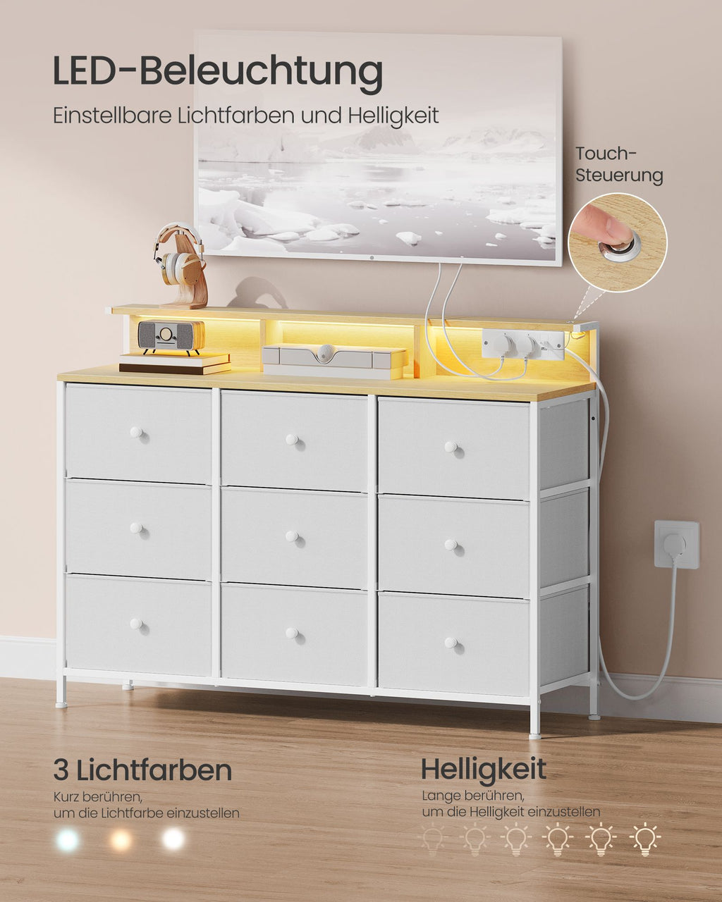 Kommode mit 9 Schubladen und LED-Beleuchtung wolkenweiß