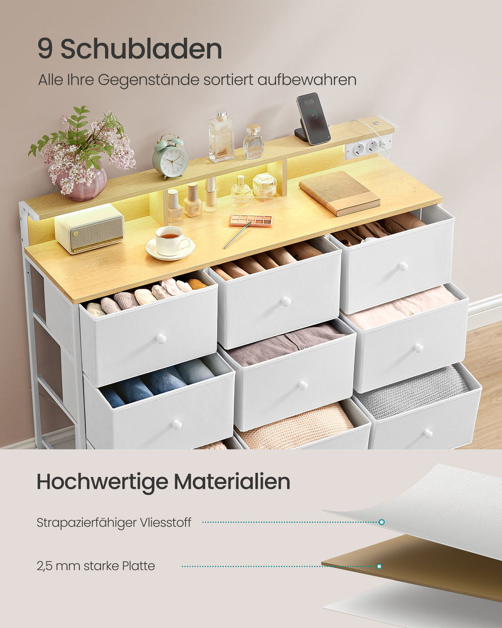 Kommode mit 9 Schubladen und LED-Beleuchtung wolkenweiß