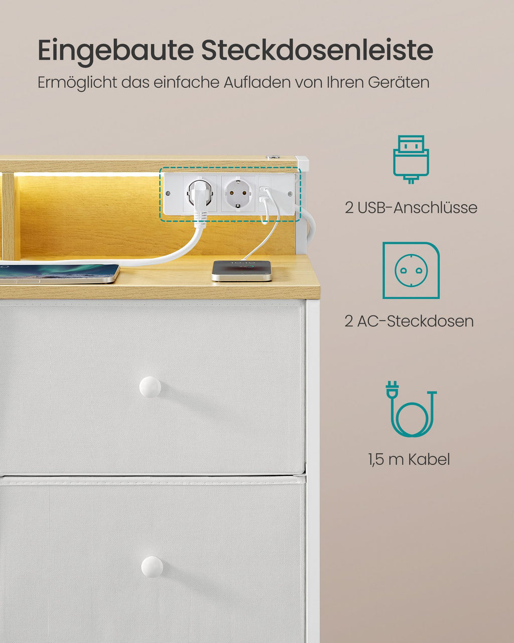 Kommode mit 9 Schubladen und LED-Beleuchtung wolkenweiß