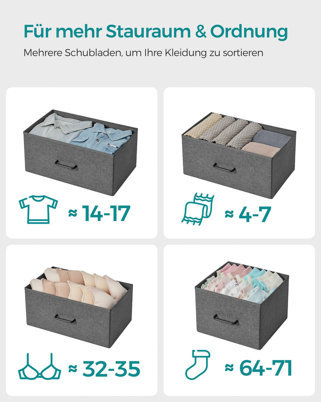Kommode mit 7 Stoffschubladen mit Griffen