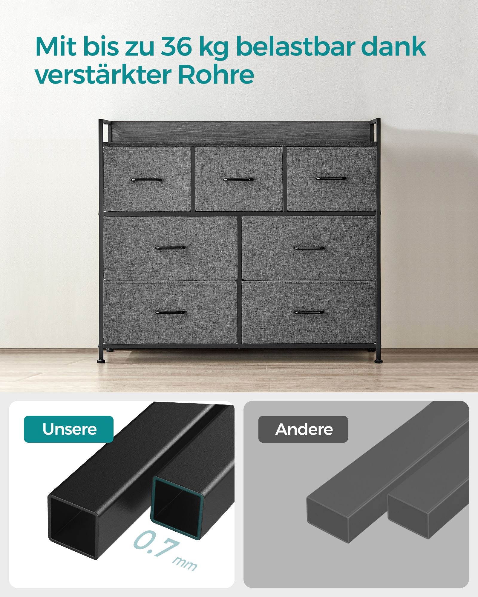 Kommode mit 7 Stoffschubladen mit Griffen