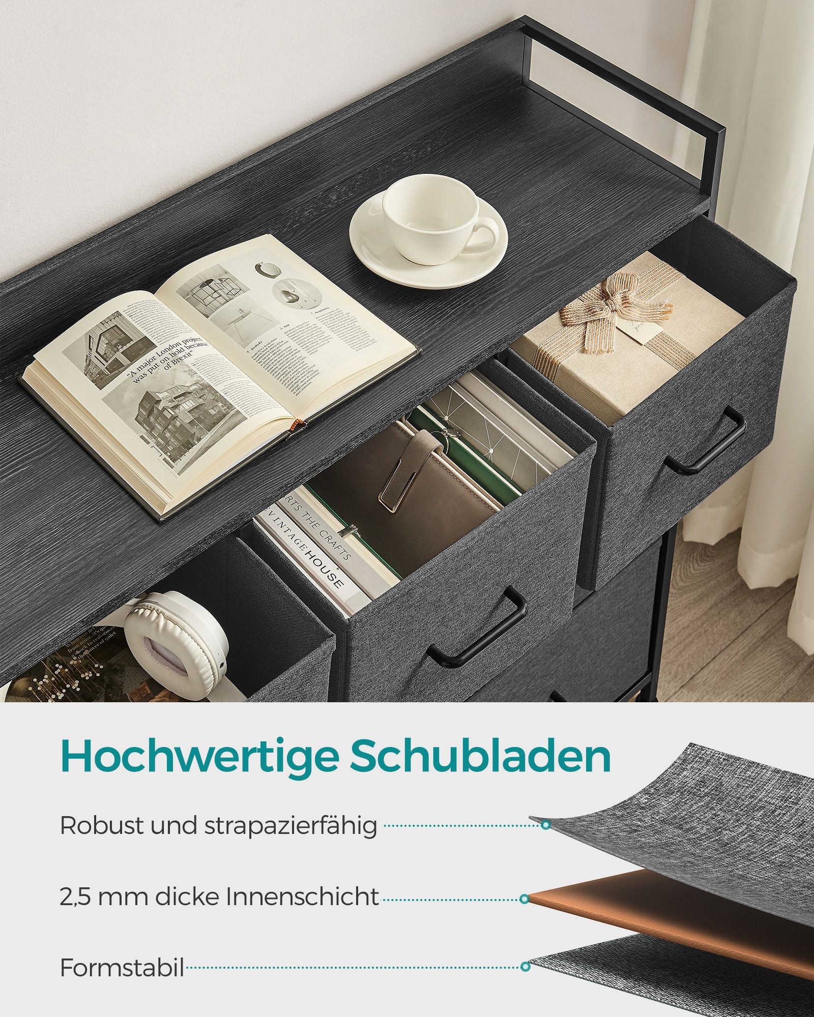 Kommode mit 7 Stoffschubladen mit Griffen