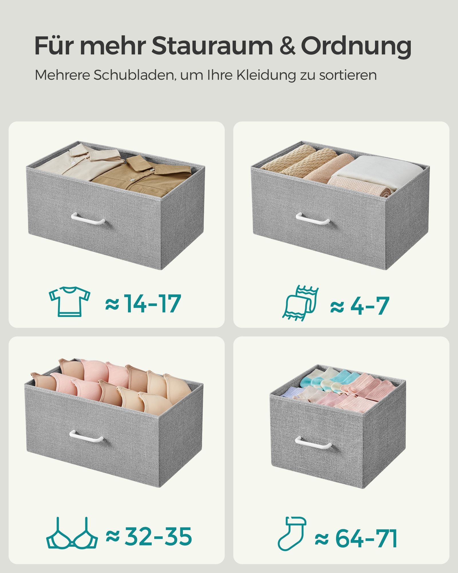 Kommode 7 Stoffschubladen mit Griffen taubengrau-wolkenweiß