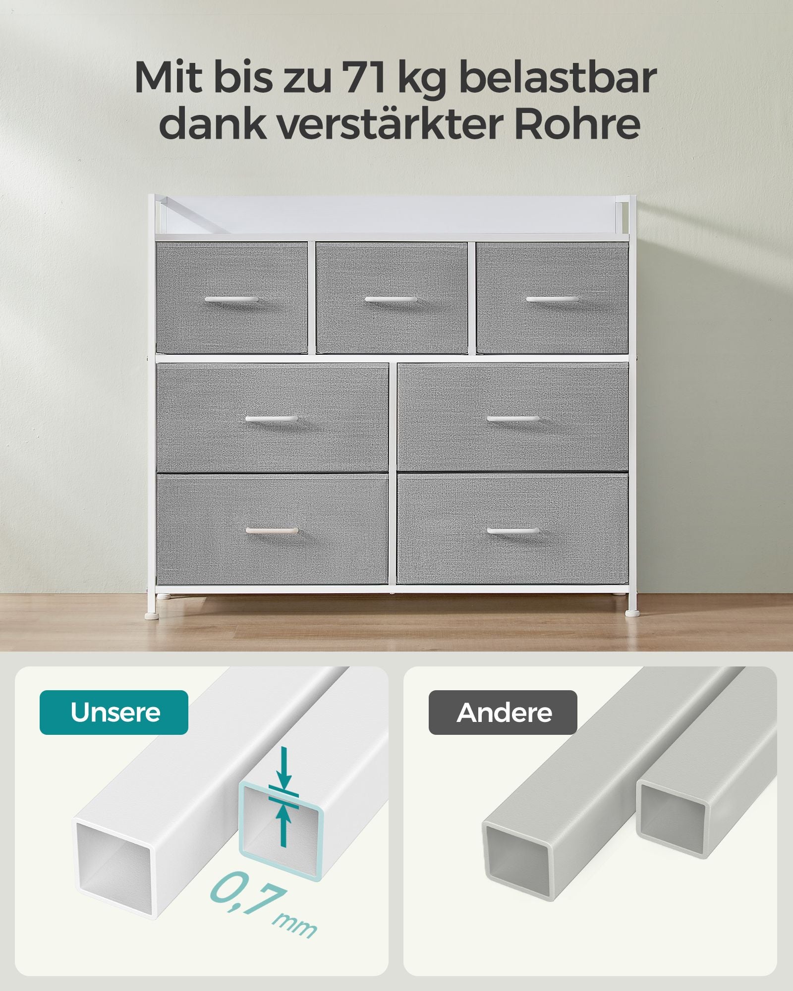 Kommode 7 Stoffschubladen mit Griffen taubengrau-wolkenweiß