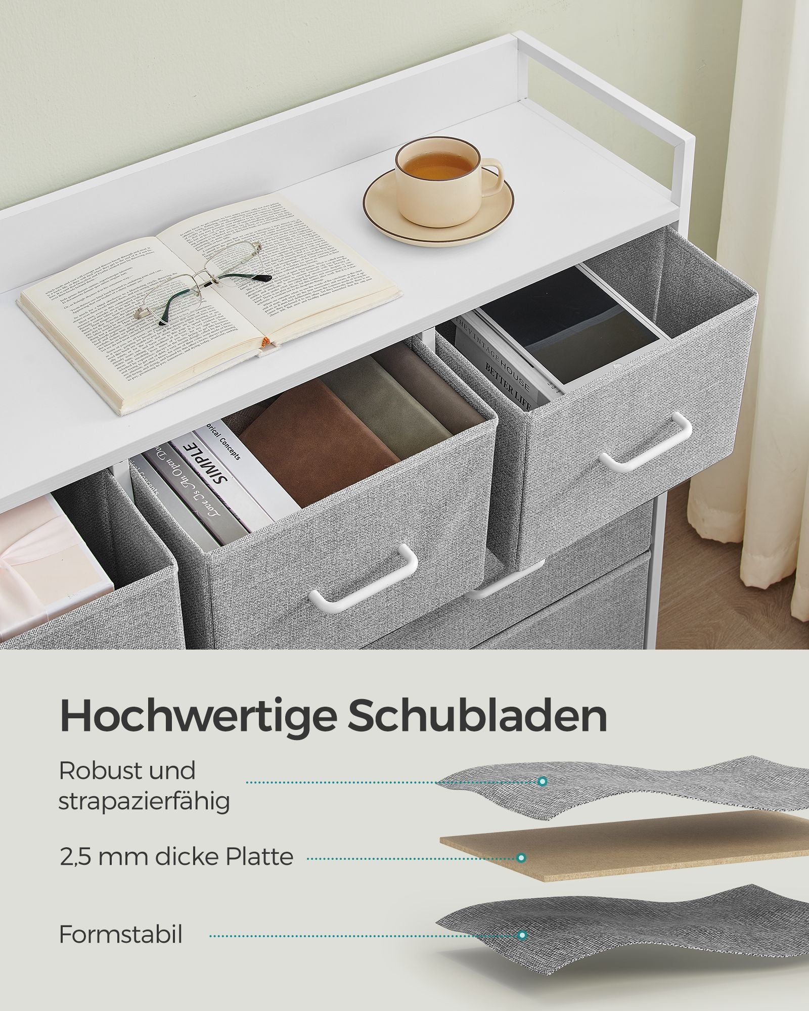 Kommode 7 Stoffschubladen mit Griffen taubengrau-wolkenweiß
