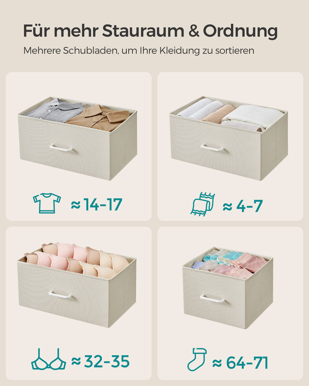 Kommode 7 Stoffschubladen mit Griffen cremeweiß-wolkenweiß