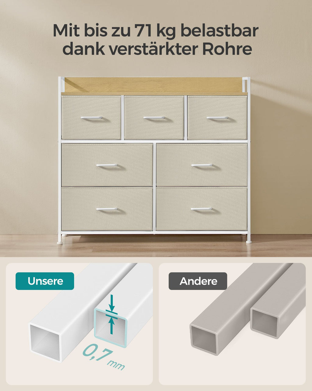Kommode 7 Stoffschubladen mit Griffen cremeweiß-wolkenweiß