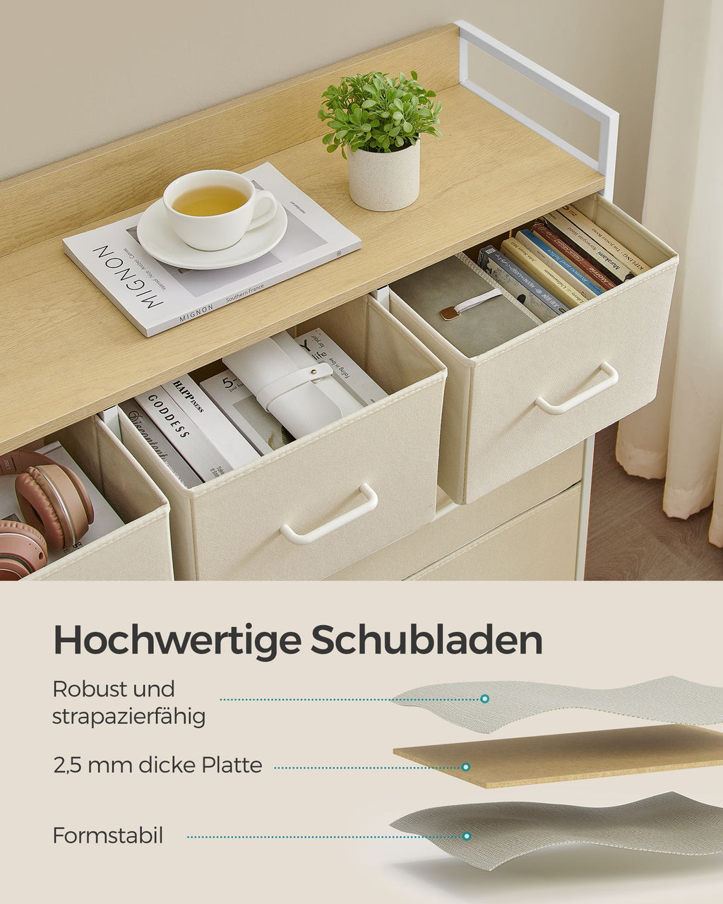 Kommode 7 Stoffschubladen mit Griffen cremeweiß-wolkenweiß