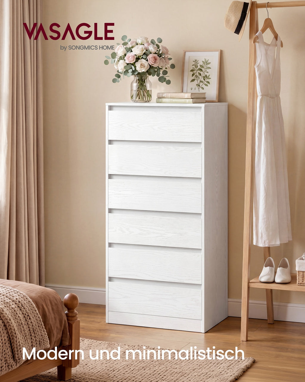Kommode mit 6 Schubladen, Kommodenschrank, Schubladenschrank, Wäschekommode, für Schlafzimmer, 30 x 48 x 111,2 cm, Modern Kailyn Kollektion, schneeweiß