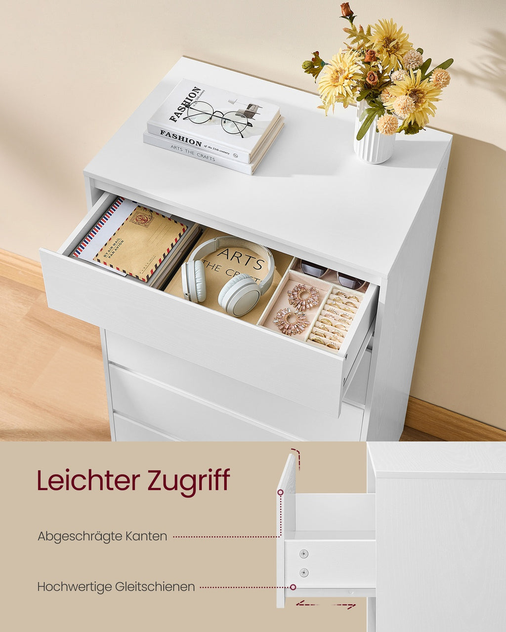 Kommode mit 6 Schubladen, Kommodenschrank, Schubladenschrank, Wäschekommode, für Schlafzimmer, 30 x 48 x 111,2 cm, Modern Kailyn Kollektion, schneeweiß