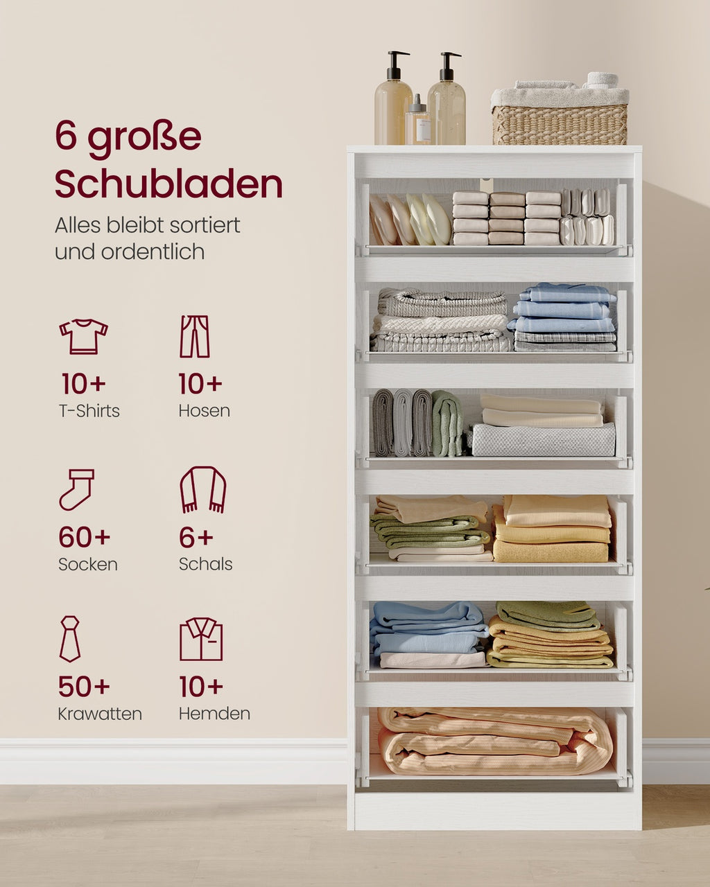 Kommode mit 6 Schubladen, Kommodenschrank, Schubladenschrank, Wäschekommode, für Schlafzimmer, 30 x 48 x 111,2 cm, Modern Kailyn Kollektion, schneeweiß