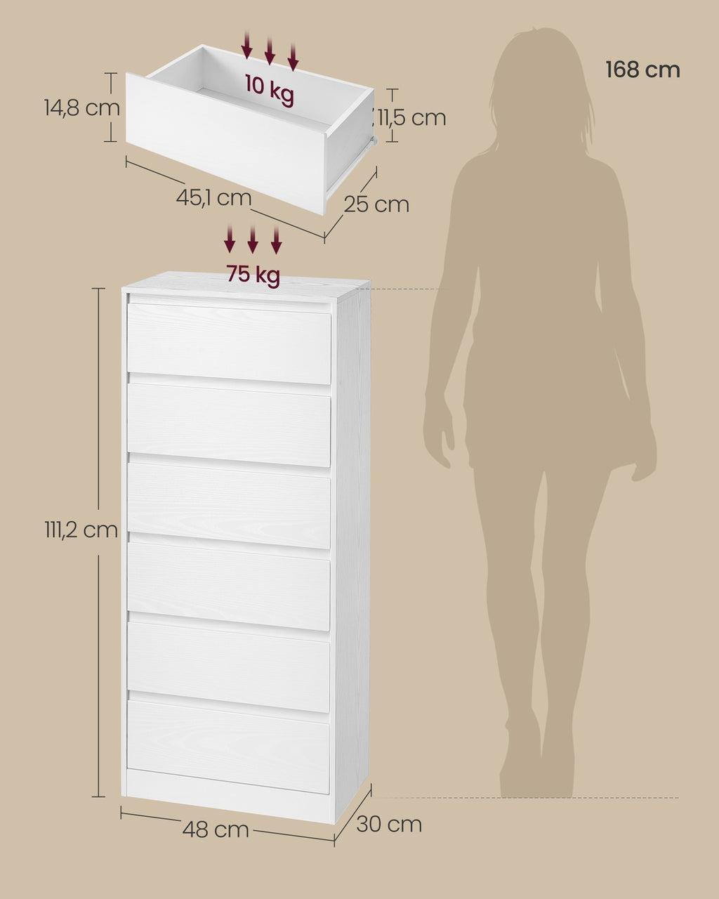 Kommode mit 6 Schubladen, Kommodenschrank, Schubladenschrank, Wäschekommode, für Schlafzimmer, 30 x 48 x 111,2 cm, Modern Kailyn Kollektion, schneeweiß