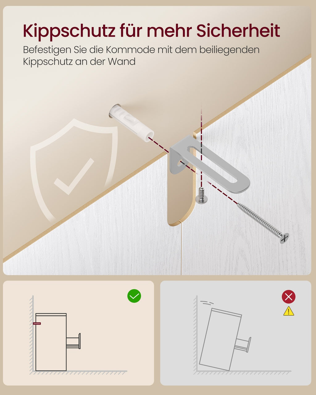 Kommode mit 6 Schubladen, Kommodenschrank, Schubladenschrank, Wäschekommode, für Schlafzimmer, 30 x 48 x 111,2 cm, Modern Kailyn Kollektion, schneeweiß
