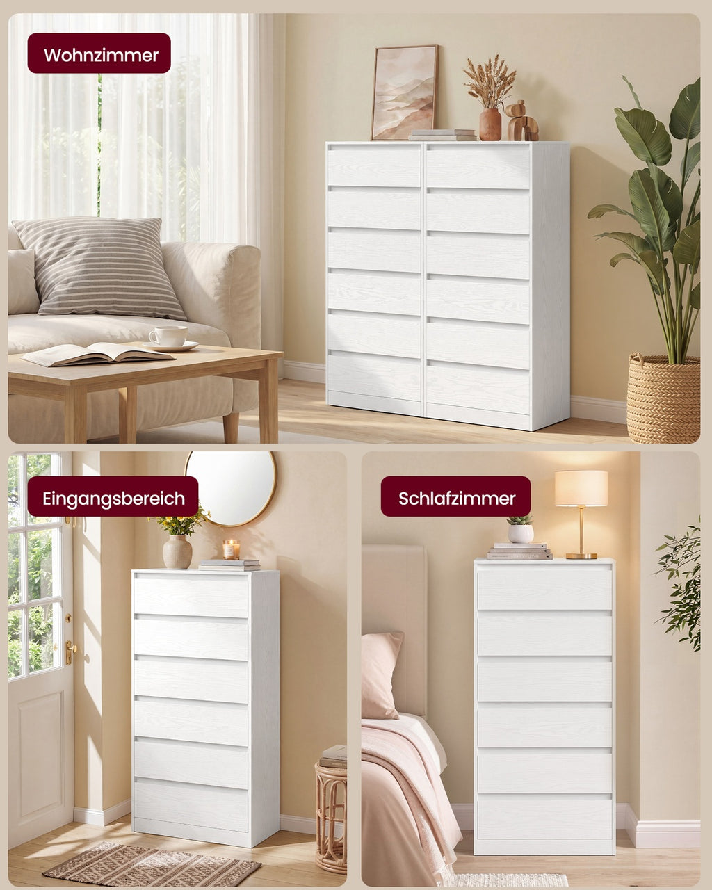 Kommode mit 6 Schubladen, Kommodenschrank, Schubladenschrank, Wäschekommode, für Schlafzimmer, 30 x 48 x 111,2 cm, Modern Kailyn Kollektion, schneeweiß