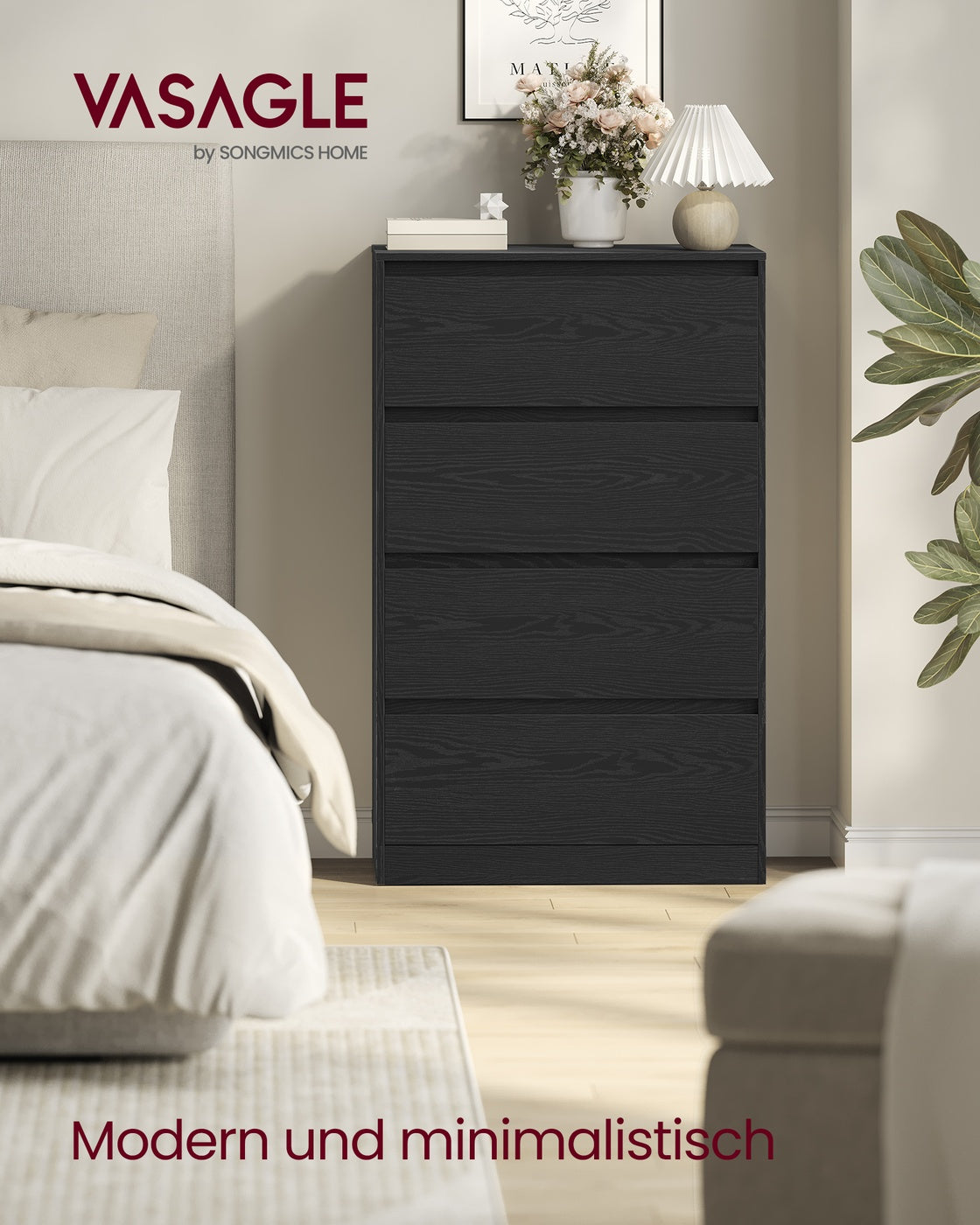 Kommode mit 4 Schubladen, Kommodenschrank, Schubladenschrank, Wäschekommode, für Schlafzimmer