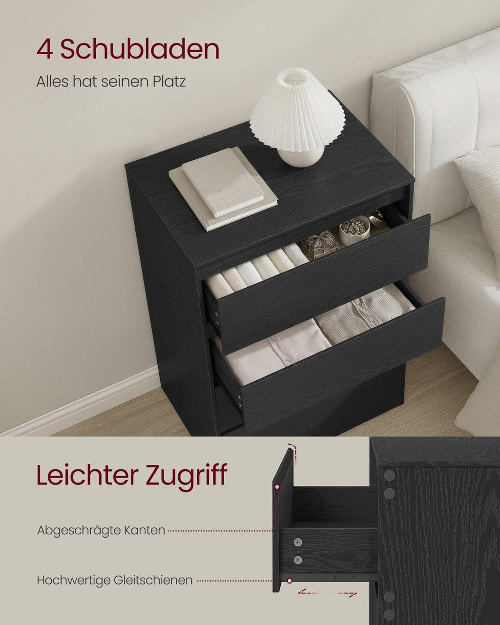 Kommode mit 4 Schubladen, Kommodenschrank, Schubladenschrank, Wäschekommode, für Schlafzimmer