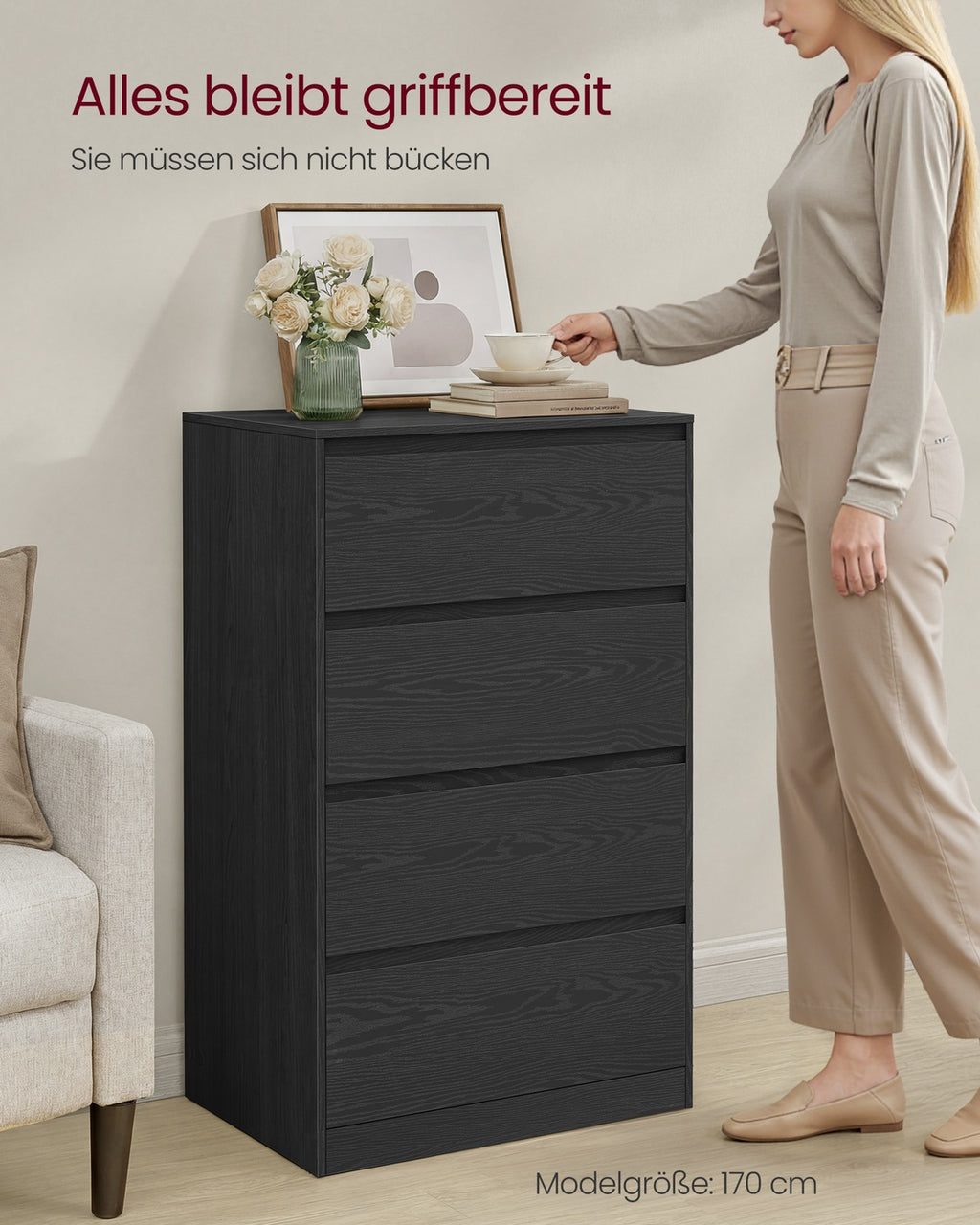 Kommode mit 4 Schubladen, Kommodenschrank, Schubladenschrank, Wäschekommode, für Schlafzimmer