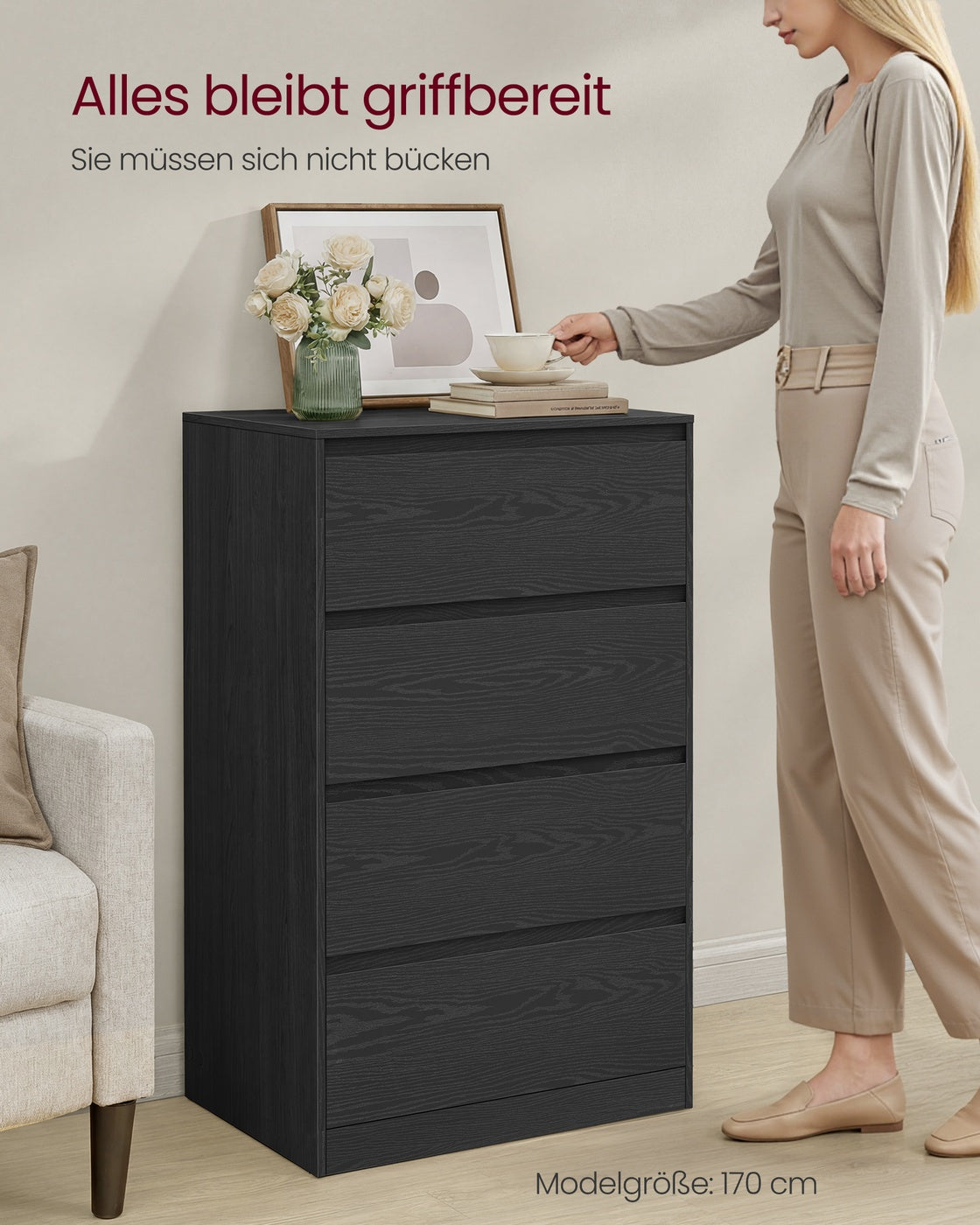 Kommode mit 4 Schubladen, Kommodenschrank, Schubladenschrank, Wäschekommode, für Schlafzimmer