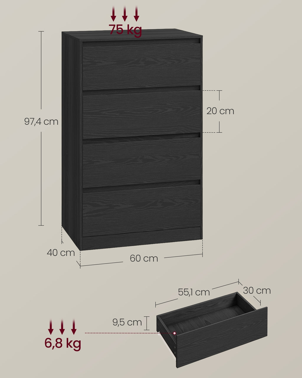 Kommode mit 4 Schubladen, Kommodenschrank, Schubladenschrank, Wäschekommode, für Schlafzimmer