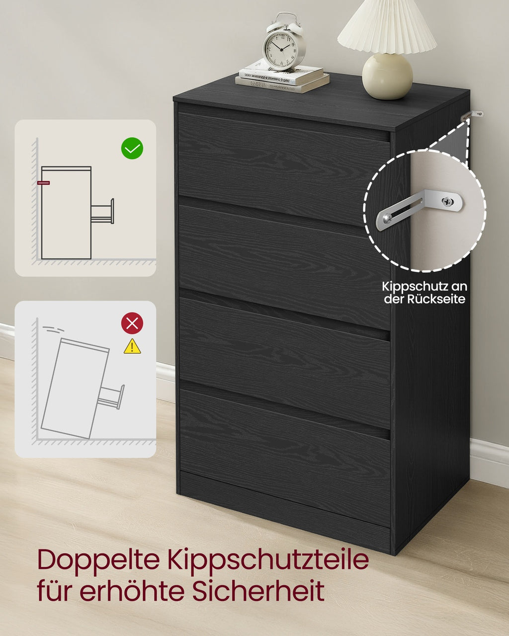 Kommode mit 4 Schubladen, Kommodenschrank, Schubladenschrank, Wäschekommode, für Schlafzimmer